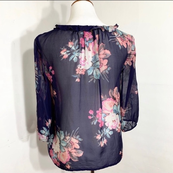 ❤️Anthropologie 100% Silk Cotati Chiffon Ruffle Floral Peasant Blouse Top Boho - Picture 4 of 7